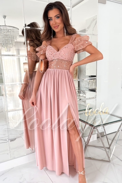 beżowa sukienka maxi z opadającymi rękawkami z cekinami na wesele loola istria 1.jpg