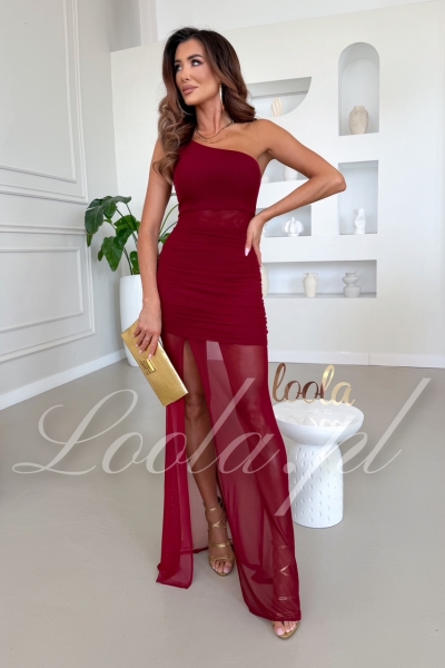 Sukienka na jedno ramię z przezroczystym dołem bordowa Loola (1).jpg