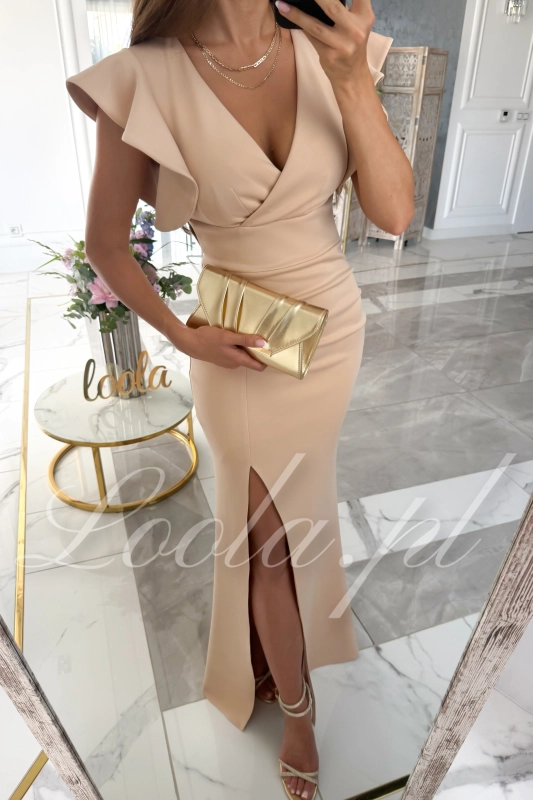 EMERALDA - beżowa sukienka maxi na wesele z rękawkami