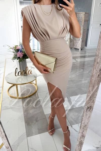 Elegancka midi beżowa sukienka z dekoltem pod szyję Bloomena Loola (2).JPG